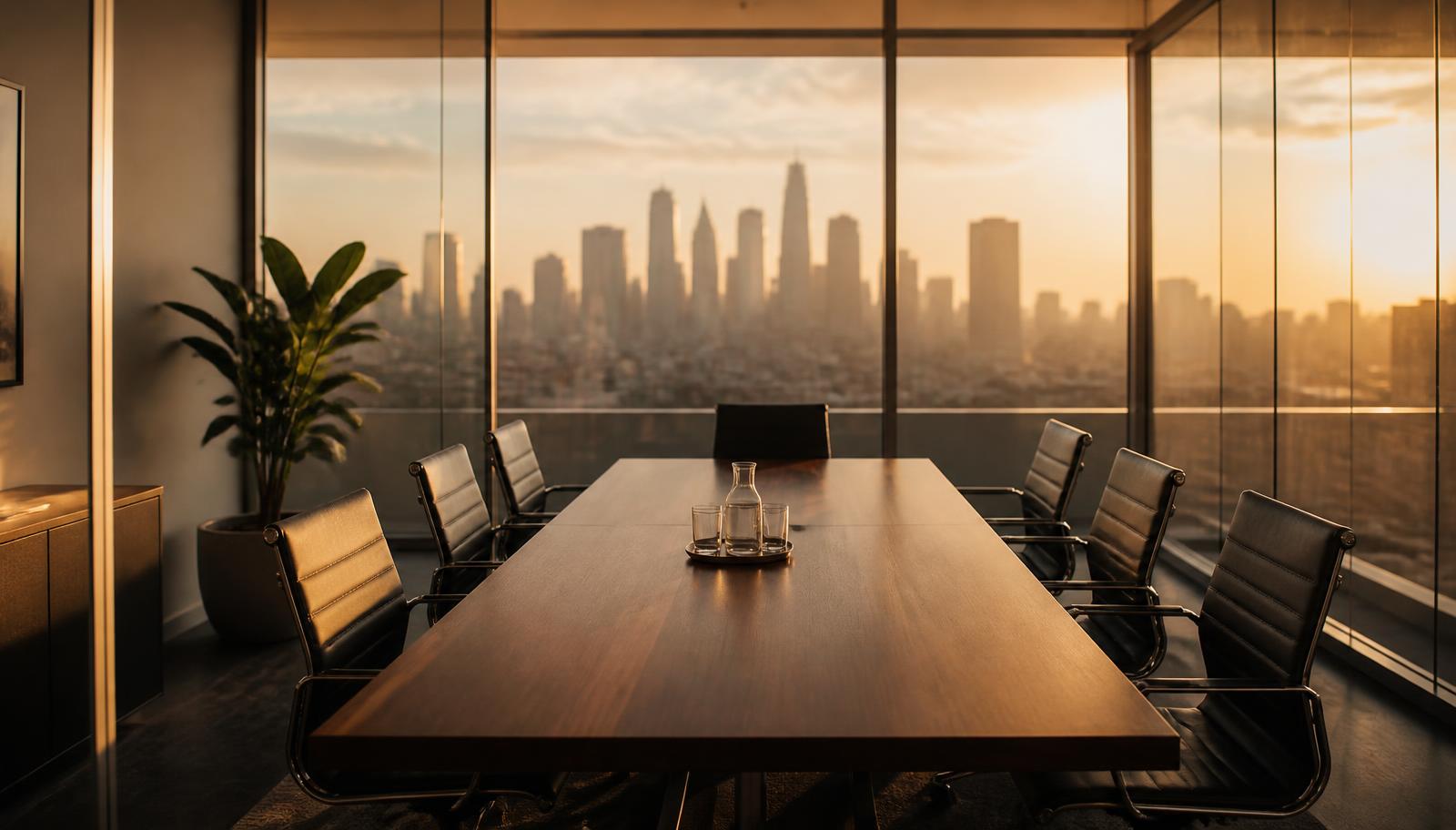 A quiet glass conference room prepared for interviews