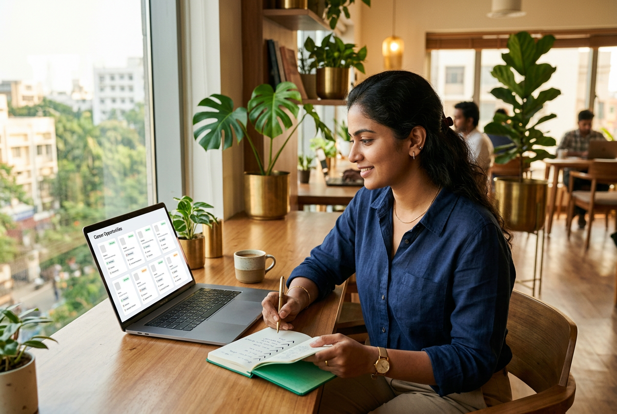 A professional reviewing company opportunities at her desk