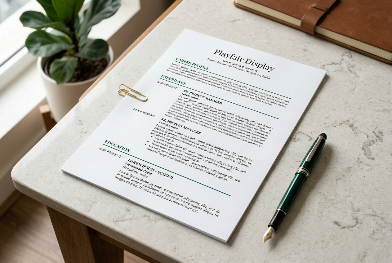 A clean resume laid out on a desk with a fountain pen