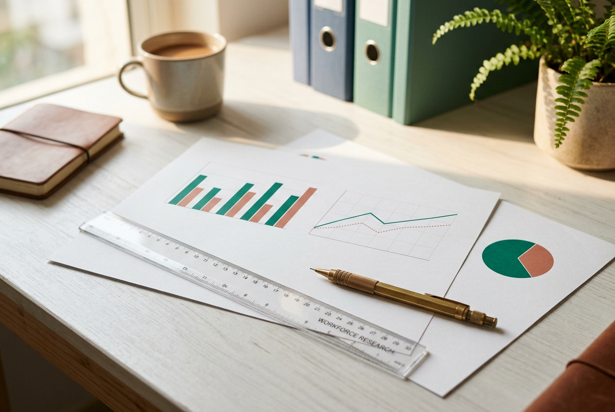 Printed workforce charts and research on a desk