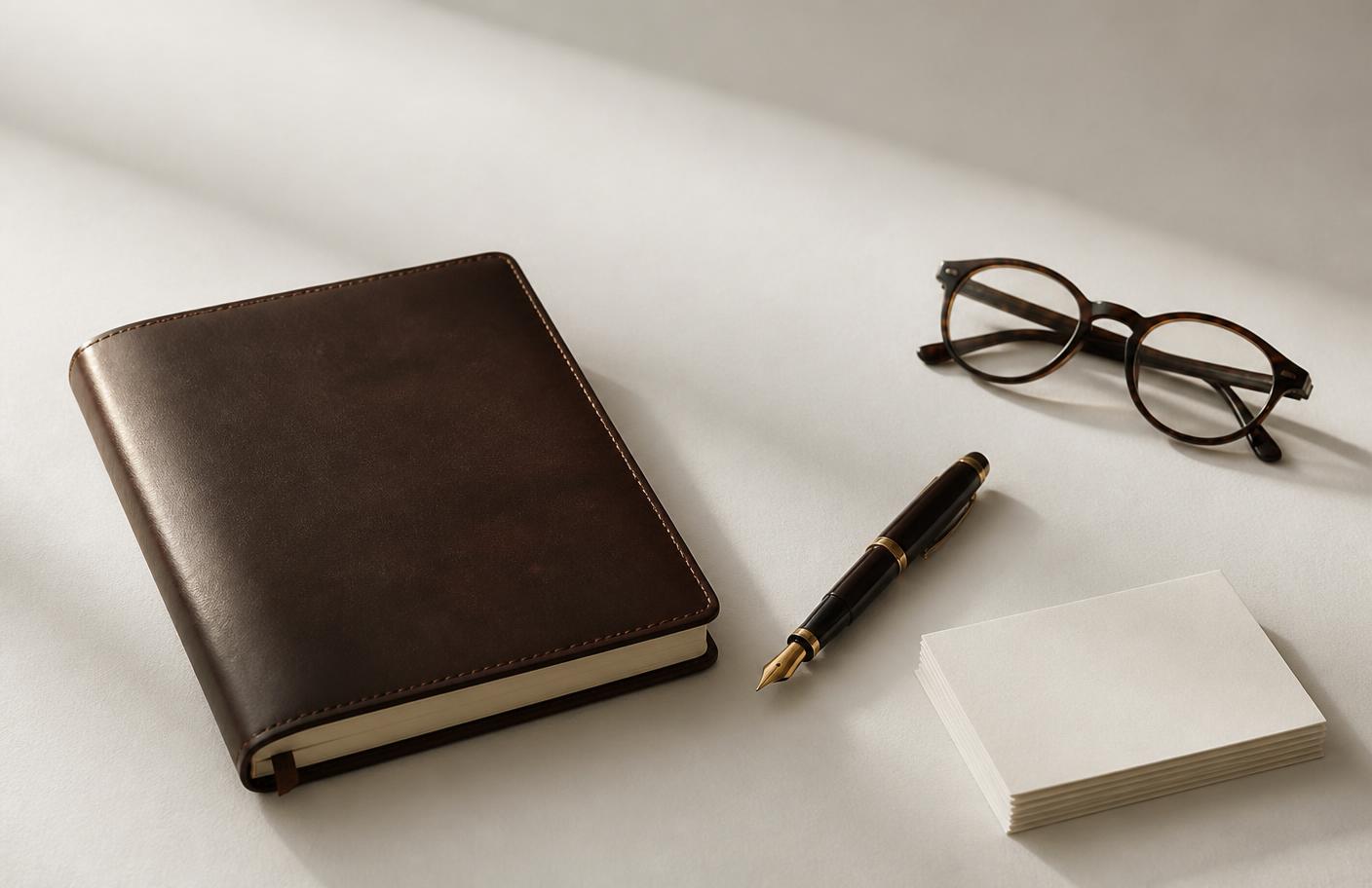 A notebook and desk items on a calm workspace